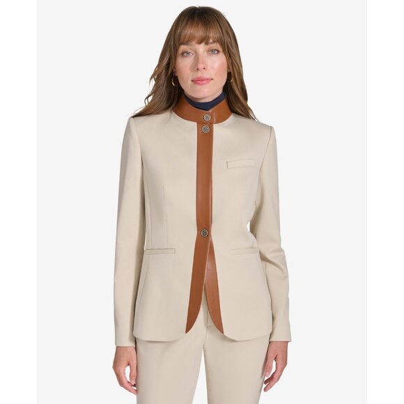 Tommy Hilfiger Women's Faux-Leather-Trim Riding Jacket Beige Size 2 MSRP $169